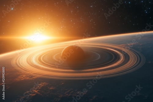 The image captures an awe-inspiring scene of a beautifully ringed planet as the sun rises in the background, casting golden hues over the celestial scene. photo