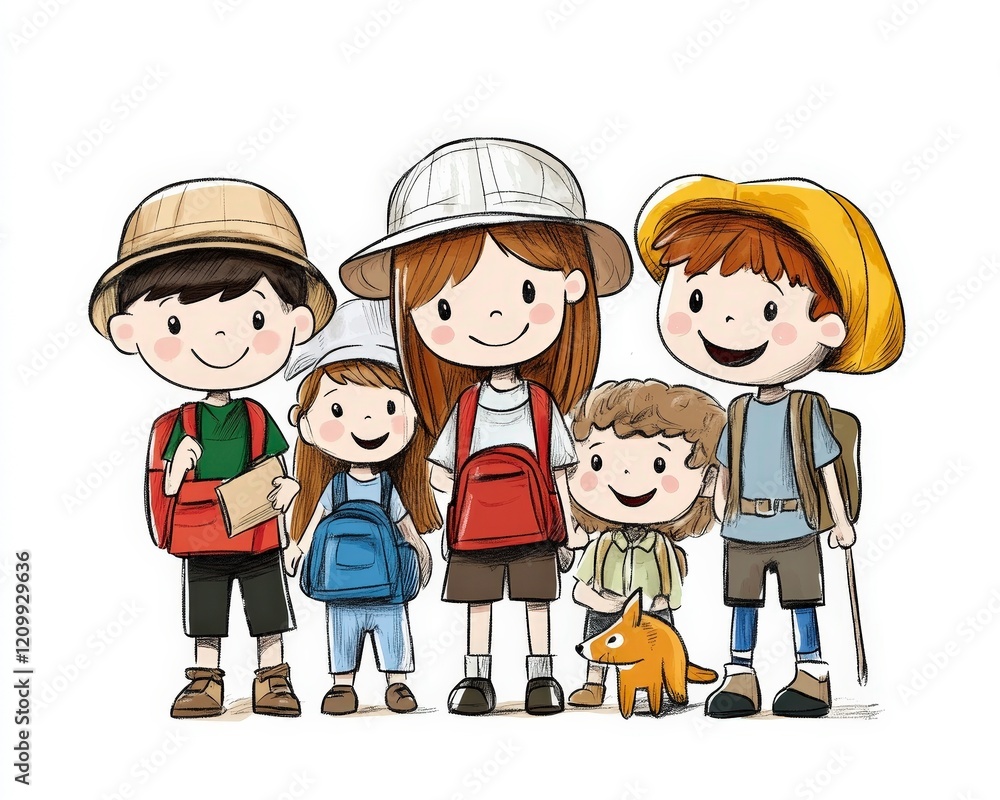 Happy Group of Children Enjoying Outdoor Adventure with Dog Happy Group of Children Enjoying Outdoor Adventure with Dog