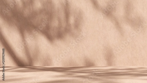Unobtrusive natural pastel background with shadows on the wall, exterior - 3d render. Botanical empty podium with shadows from plants, palms, trees for product presentation, advertising.