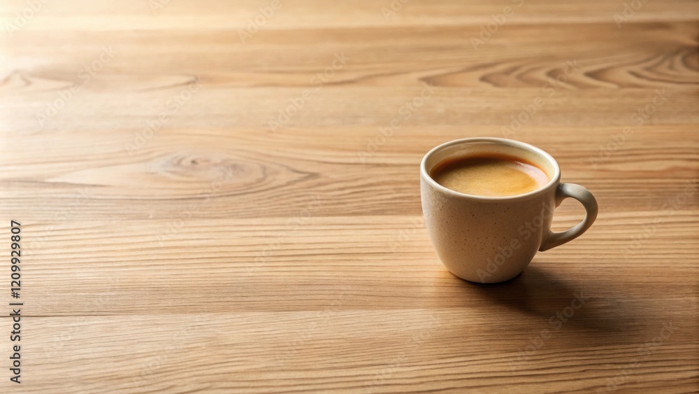 Obraz premium A single serving of espresso in a speckled cup sits on a light wood surface