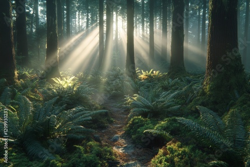 Sunshine penetrates through dense woodland, casting light on ferns below, creating a serene, captivating landscape full of contrast, depth, and natural splendor. photo