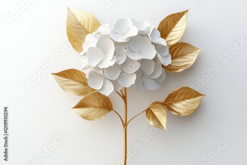 Elegant White Flower with Golden Leaves on a Yellow Hue Background