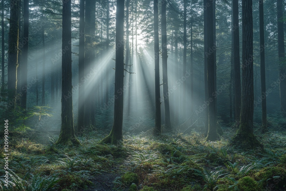 Rays of sunlight break through a thick forest canopy, casting intricate shadow patterns on the forest floor and highlighting the natural beauty of tall trees. Rays of sunlight break through a thick forest canopy, casting intricate shadow patterns on the forest floor and highlighting the natural beauty of tall trees.