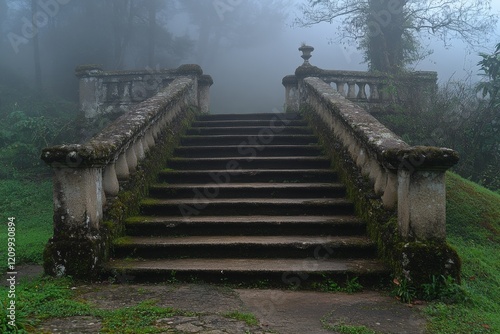 An elegant set of moss-covered stairs with a historic balustrade leads into the dense fog, beautifully merging nature and man-made architecture. photo