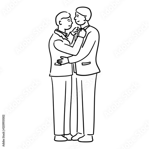 Gay couple wedding, two men hugging each other, man is adjusting his lover's shirt