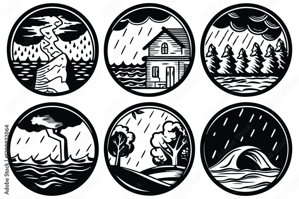 Hand-Drawn Disaster Illustration Set: Contour Sketches of Natural Calamities like Sandstorms, Droughts, and Heavy Rain Hand-Drawn Disaster Illustration Set: Contour Sketches of Natural Calamities like Sandstorms, Droughts, and Heavy Rain