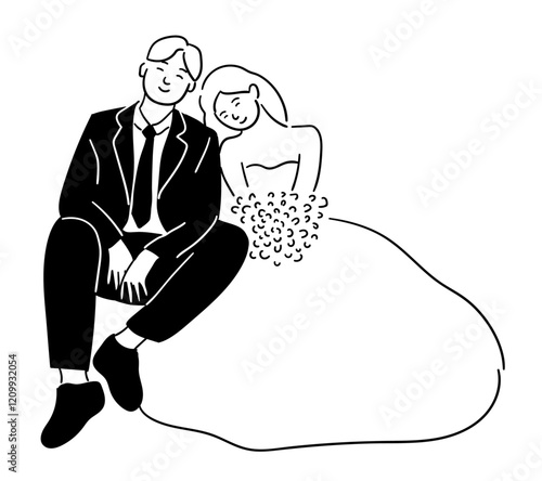 Wedding, bride and groom are sitting, leaning on each other affectionately