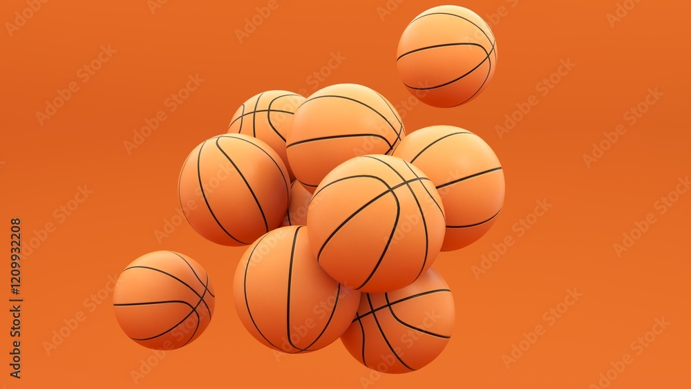 Obraz premium Sports game of basketball - 3D render. Basketball orange ball on a bright background for advertising, icons, banners. The concept of an active lifestyle, online games, entertainment.