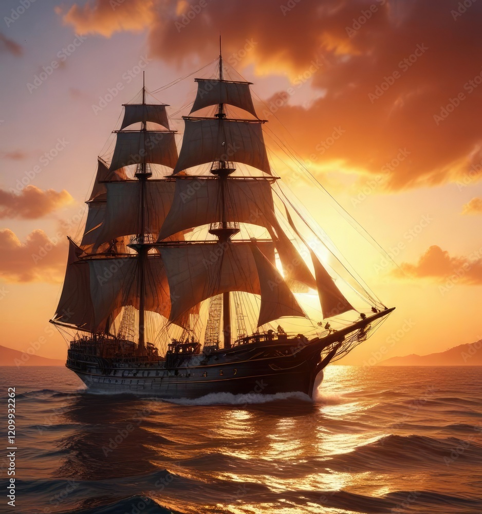 Obraz premium A majestic sailing ship sails through a fiery sunset, majestic sailing ship, sailing experience, warm colors