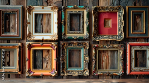 A collection of picture frames on a wall with various designs and shapes  HD 8K wallpaper Stock Photographic Image
