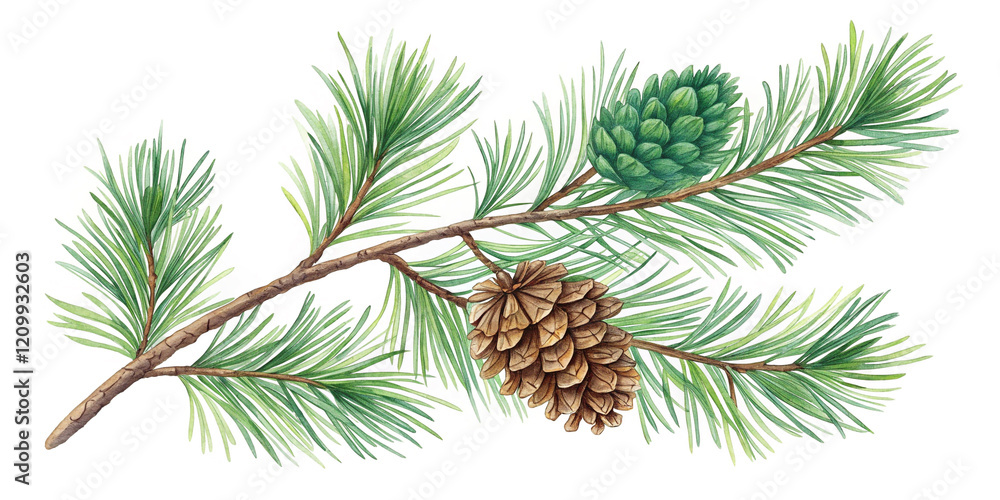Delicate Watercolor Illustration of a Pine Branch Isolated on White, Capturing Nature's Essence Delicate Watercolor Illustration of a Pine Branch Isolated on White, Capturing Nature's Essence