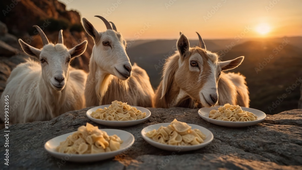Three goats enjoying plates of pasta at sunset on a rocky landscape. Three goats enjoying plates of pasta at sunset on a rocky landscape.