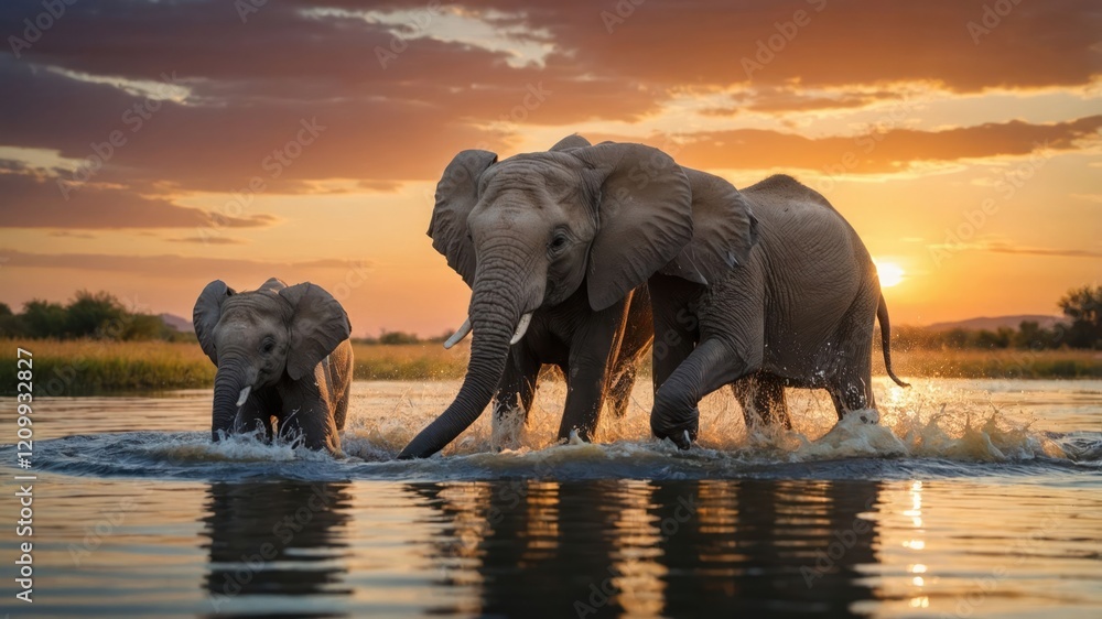 Obraz premium Elephants wade through water at sunset, showcasing their natural habitat and family bonds.