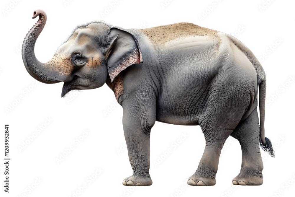 Obraz premium realistic depiction of an elephant standing on a white background. showcasing its large ears. trunk. and textured skin the elephant is portrayed in a side profile. highlighting its massive size and un