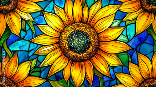 Radiant Sunflowers in Fantasy Stained Glass Style, Watercolor Clipart, Centered on a Solid Black Background, High Resolution 8K, High-Quality, Clean and Detailed Appearance, Vibrant Colors