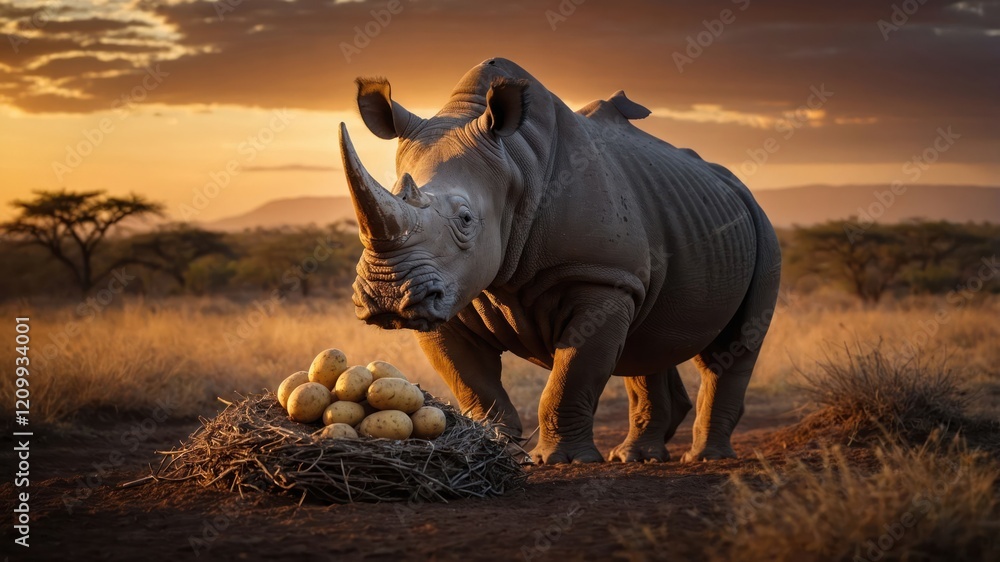 Fototapeta premium A rhinoceros stands near a nest of eggs during a sunset in a savanna landscape.