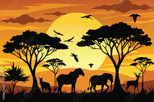 Panorama silhouette tree in africa with sunset