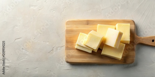 A wooden cutting board holds neatly cut pieces of pale yellow cheese, arranged for a simple yet appetizing presentation on a light textured surface. photo