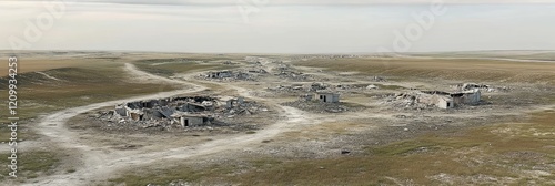 Aerial view of destroyed village, flat landscape, war aftermath photo