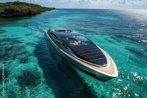 A futuristic yacht with sleek design and solar panels effortlessly sails through serene waters, symbolizing luxury and sustainable marine technology. photo