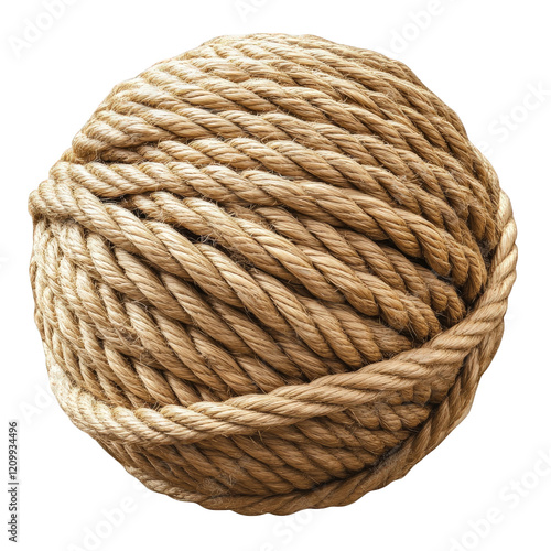 a large. tightly coiled ball of natural fiber rope. showcasing its texture and thickness the rope appears durable and is often used in various applications such as sailing. construction. and outdoor a photo