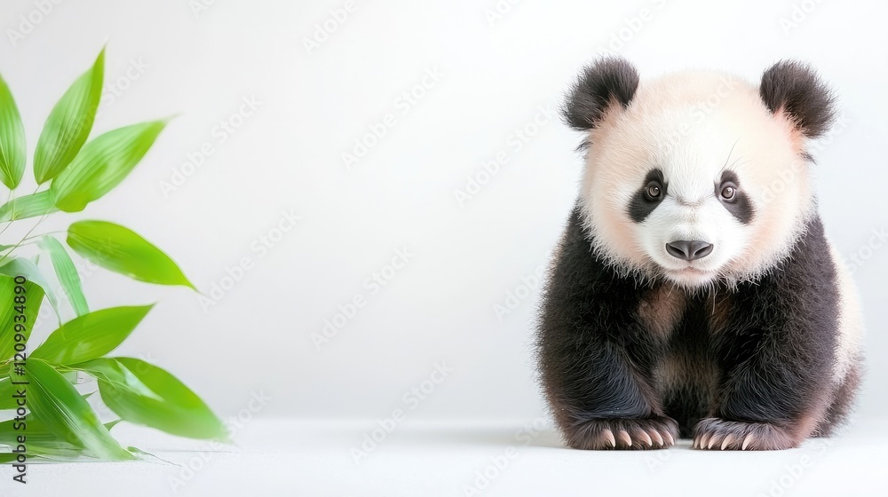 Fototapeta premium Cute panda cub sitting, bamboo leaves, white background, wildlife conservation