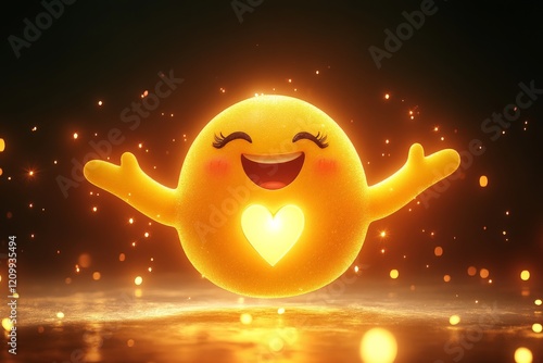 A radiant emoji character beaming with a glowing heart center on a dark backdrop, stretching its arms to embrace happiness and spreading warmth and joy. photo