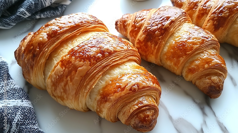 Golden Flakes of Delight: A trio of freshly baked croissants, their golden-brown crusts gleaming with buttery flakes, sit invitingly on a marble surface. Golden Flakes of Delight: A trio of freshly baked croissants, their golden-brown crusts gleaming with buttery flakes, sit invitingly on a marble surface.