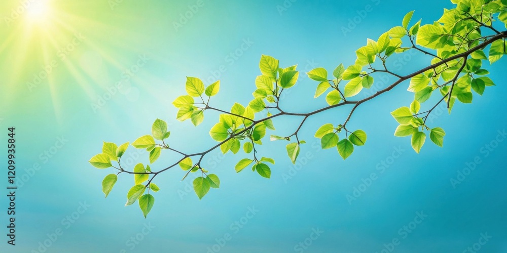 Bright Sunlight Illuminates Fresh Green Leaves on a Branch Against a Vivid Blue Sky Bright Sunlight Illuminates Fresh Green Leaves on a Branch Against a Vivid Blue Sky
