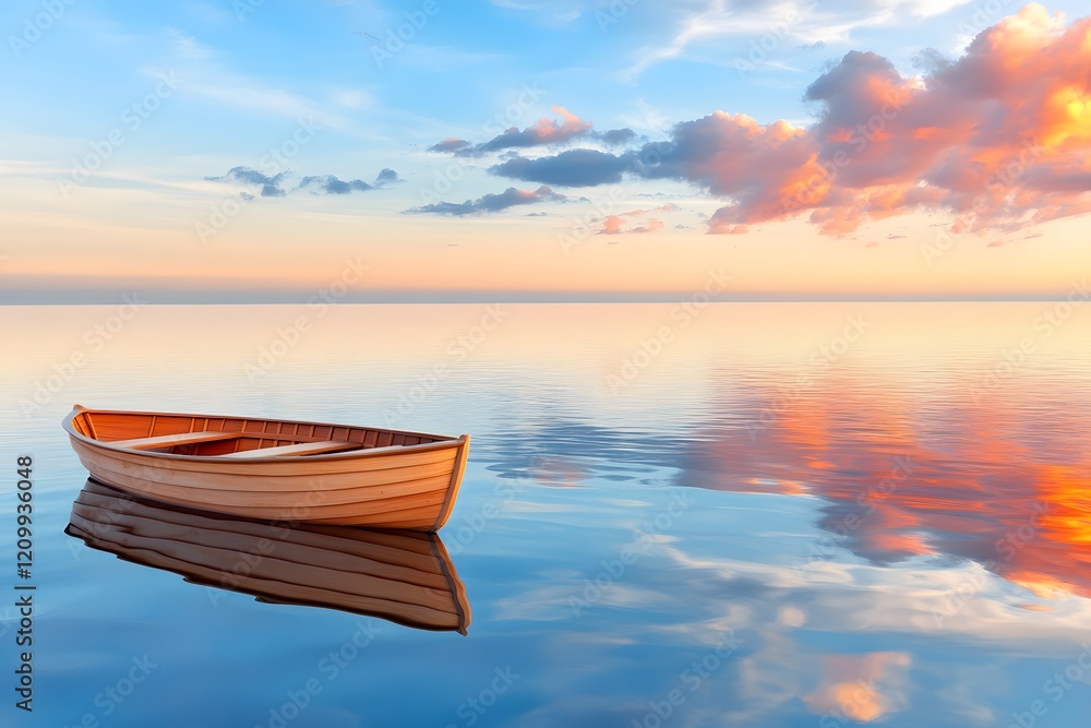 A wooden boat floating on the sea, with red and orange flames in the sky. The reflection of clouds is mirrored on the water surface A wooden boat floating on the sea, with red and orange flames in the sky. The reflection of clouds is mirrored on the water surface