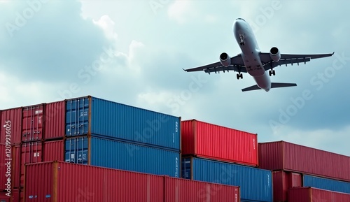 Red cargo containers stacked high on a massive freight ship in a bustling port, ready for global transport
