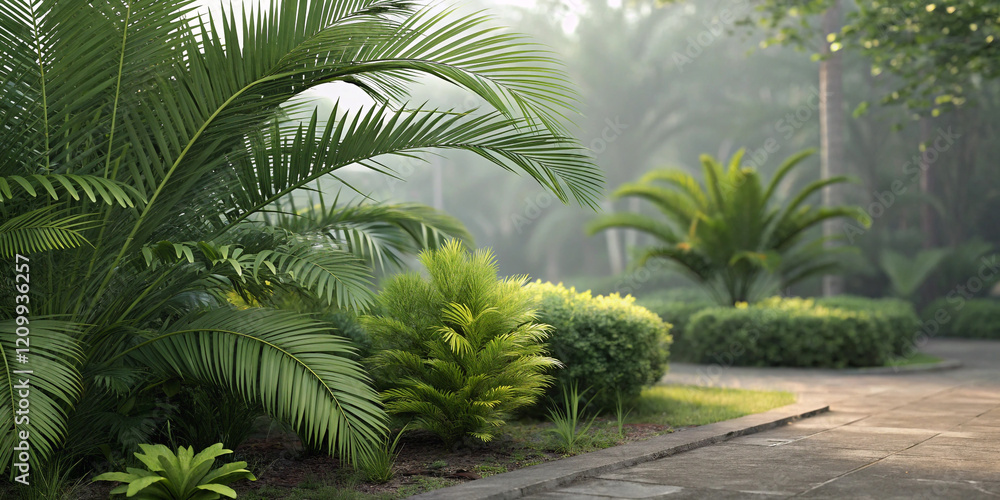 Realistic Palm Leaves and Shrubs Corner on Background: A Tropical Representation of Nature Realistic Palm Leaves and Shrubs Corner on Background: A Tropical Representation of Nature