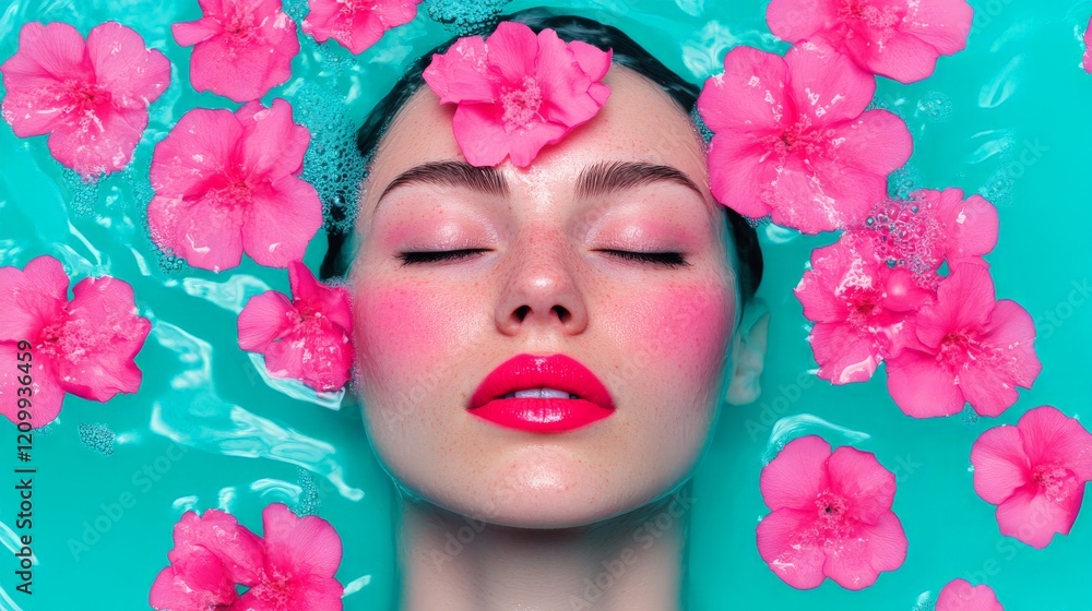 Floral Bath Bliss: A serene woman with vibrant makeup and pink flowers adorning her face, lies peacefully submerged in a turquoise bath, creating a captivating image of beauty and tranquility. Floral Bath Bliss: A serene woman with vibrant makeup and pink flowers adorning her face, lies peacefully submerged in a turquoise bath, creating a captivating image of beauty and tranquility.