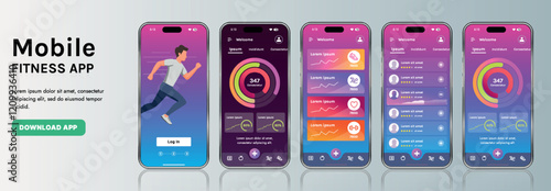 A sleek fitness app interface template featuring responsive design elements, including dashboards, charts, and statistics. Perfect for tracking health, weekly progress, and sports activities