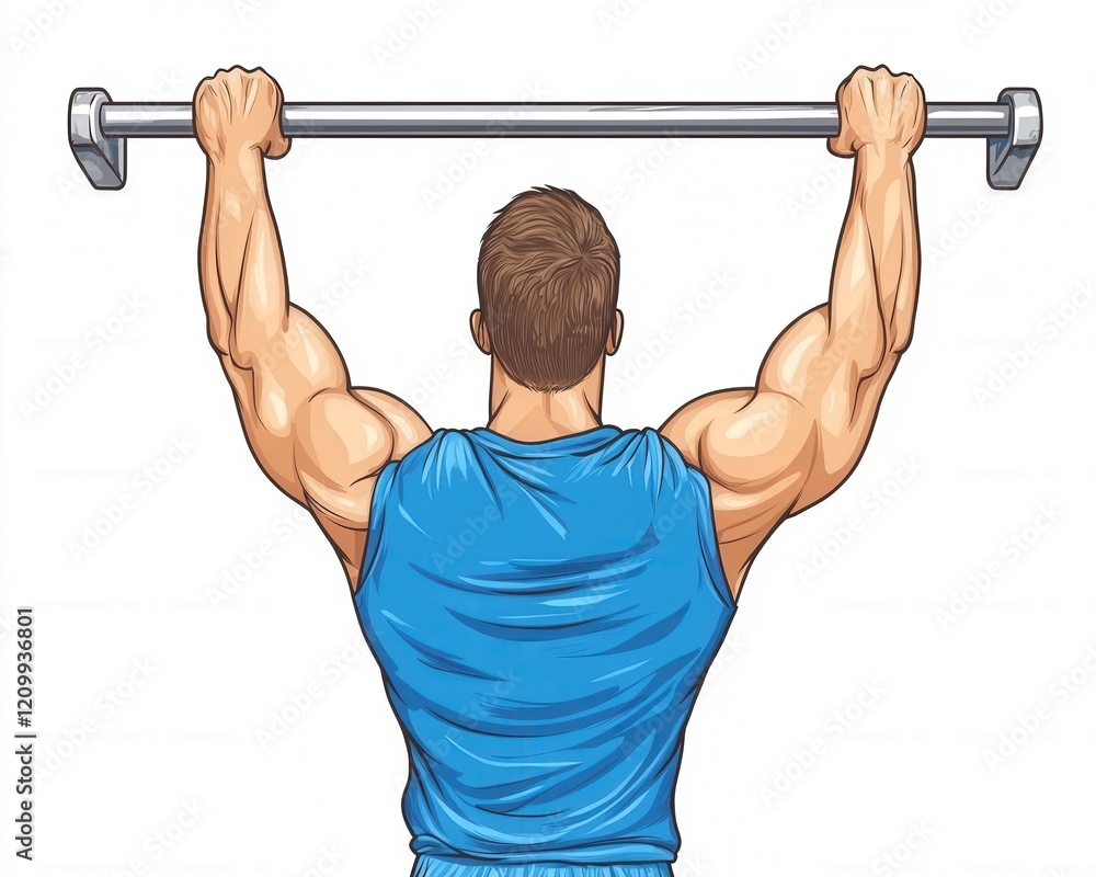 Naklejka premium Man Performing Pull-Up Exercise with Barbell for Strength Training