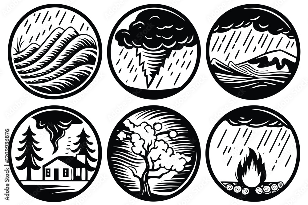 Hand-Drawn Disaster Illustration Set: Contour Sketches of Natural Calamities like Sandstorms, Droughts, and Heavy Rain Hand-Drawn Disaster Illustration Set: Contour Sketches of Natural Calamities like Sandstorms, Droughts, and Heavy Rain