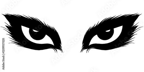 Stylized animal eyes illustration in black and white. Bold and minimal vector design featuring sharp, intense eyes with detailed lines, conveying power and focus. Working paths in JPG version