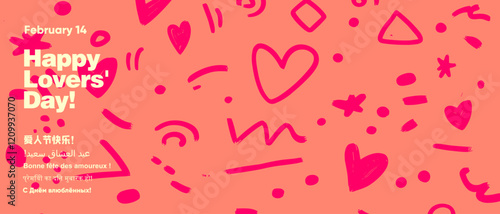 Minimalist Valentine's Day banner with vibrant pink hearts, doodles, and multilingual greetings. Perfect for festive promotions and holiday designs.