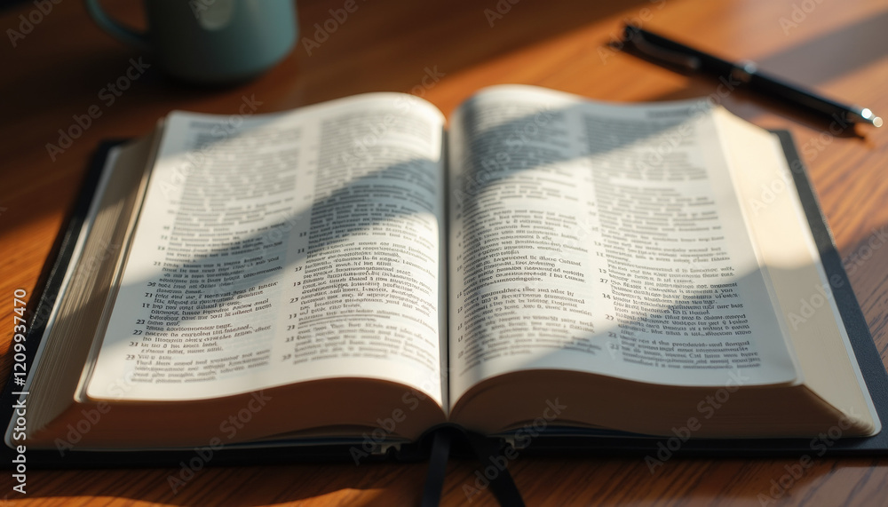 Fototapeta premium Open Holy Bible with highlighted verses, inspirational mood, on study desk, bright light, copy space