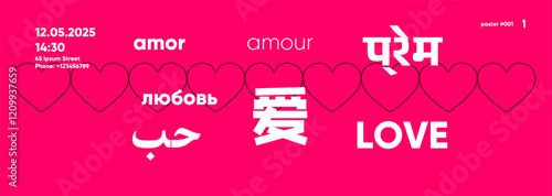 Bold Valentine-themed poster with vibrant hearts, multilingual text, and a modern design for festive events or promotional campaigns.