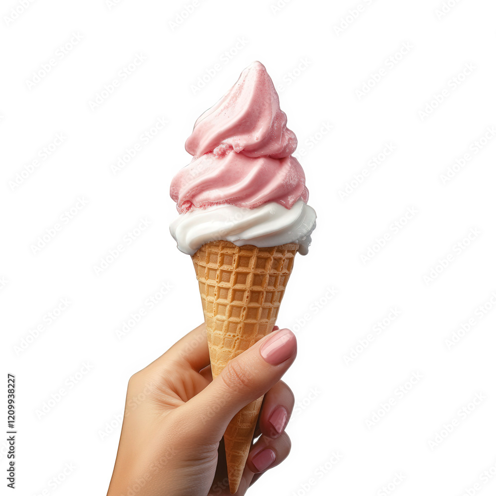 hand holding a delicious ice cream cone with a swirl of pink and white soft serve the background is plain white. emphasizing the treat this visually appealing dessert is perfect for enjoying on warm d hand holding a delicious ice cream cone with a swirl of pink and white soft serve the background is plain white. emphasizing the treat this visually appealing dessert is perfect for enjoying on warm d