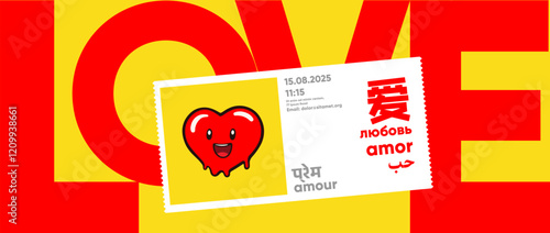 Vibrant Valentine's design with a cartoon heart stamp, bold red and yellow tones, and multilingual "love" text. A playful and energetic celebration poster.