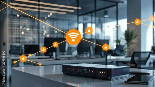 Sleek router sits on a modern office desk, surrounded by a vibrant workspace. Waves of connectivity emanate from it, symbolizing fast internet and seamless communication in a professional environment.