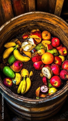 Tropical fruit compost bin, kitchen waste recycling, sustainable living, wooden barrel, dark background photo