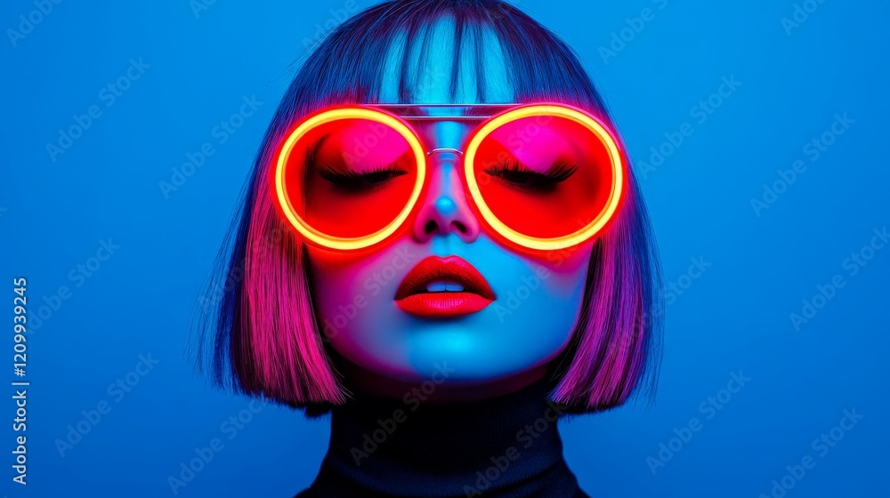Neon Nights: A mesmerizing portrait of a young woman with vibrant pink hair and bold red lips wearing oversized neon sunglasses, bathed in vibrant blue and pink neon lights. Neon Nights: A mesmerizing portrait of a young woman with vibrant pink hair and bold red lips wearing oversized neon sunglasses, bathed in vibrant blue and pink neon lights.