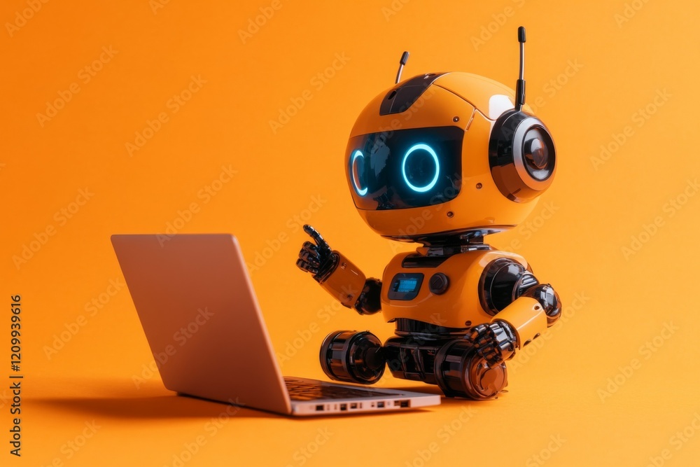 Robot Engaging with Laptop on Vibrant Orange Background Robot Engaging with Laptop on Vibrant Orange Background