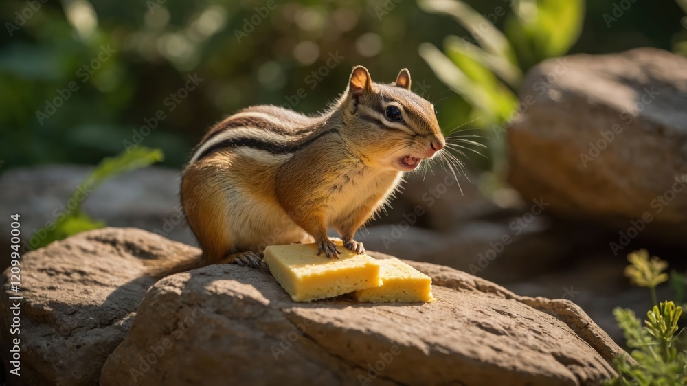 A chipmunk stands on a rock, interacting with two pieces of yellow sponge in nature. A chipmunk stands on a rock, interacting with two pieces of yellow sponge in nature.