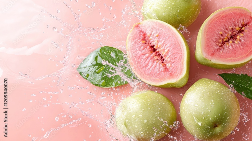 Fototapeta premium A vibrant guava enveloped in water splash effects on a coral pink background, evoking a tropical vibe.