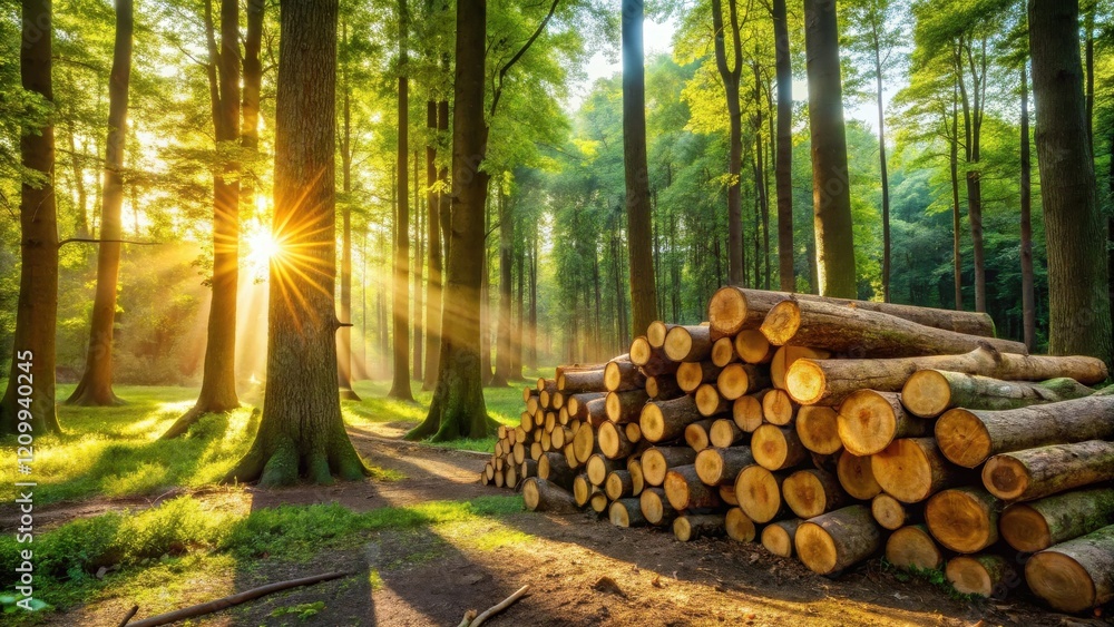Fototapeta premium Sunbeams Illuminate a Stack of Logs in a Verdant Forest