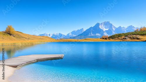 Becco di Mezzodi peak in the Dolomites seen from Lago di Federa with green meadows in the foreground photo